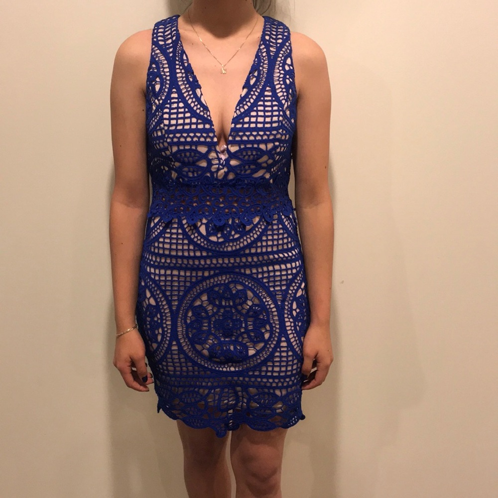 Lacey blue dress with nude material beneath